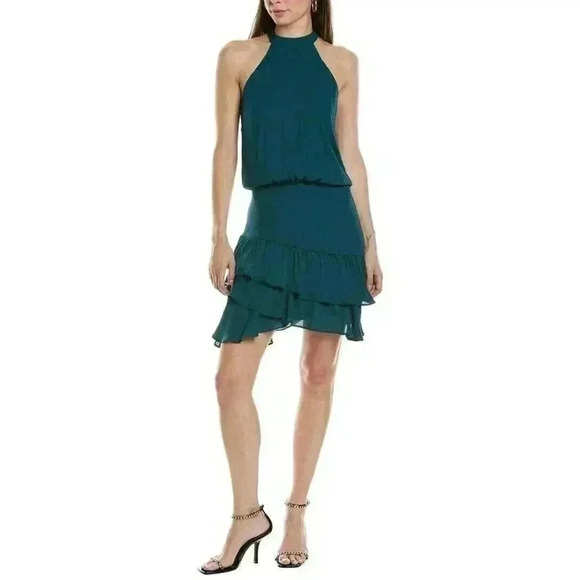 NWT Krisa Halter Asymmetrical Ruffle Mini Dress Teal Green Size Small - Picture 1 of 9